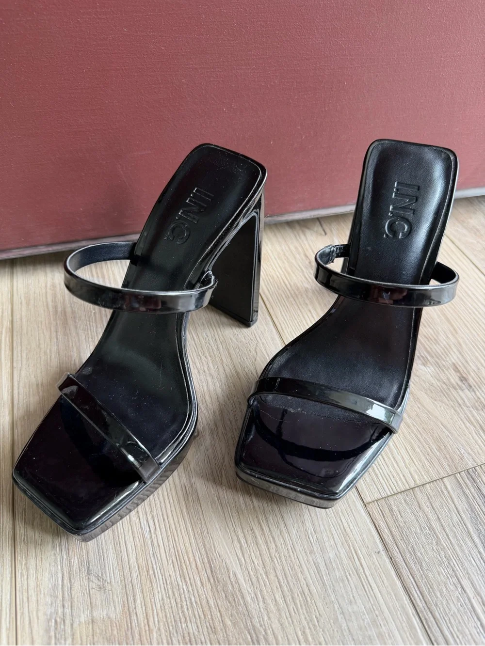INC International Concepts Black Patent Square-Toe Double Strap Heels
